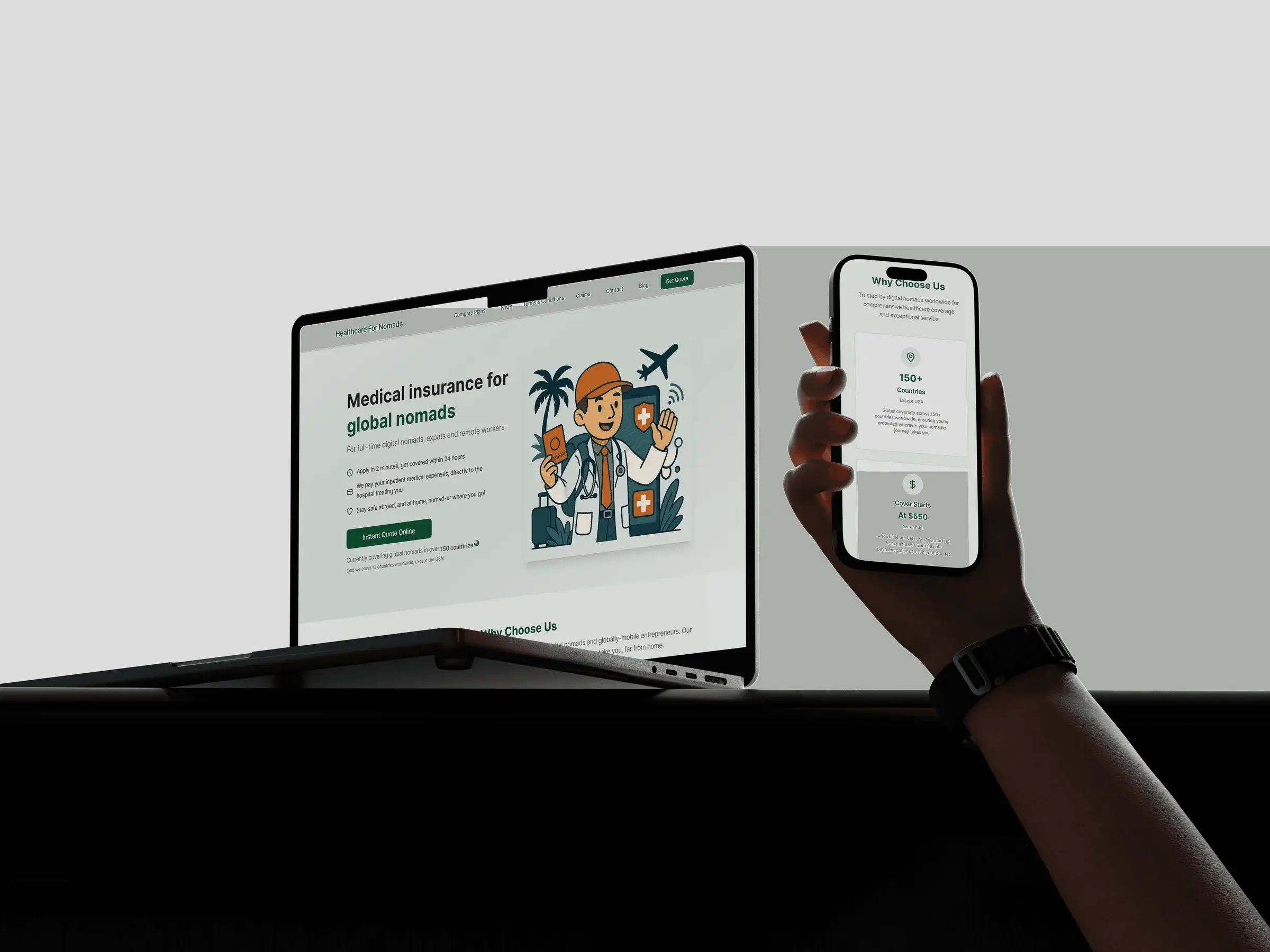 Healthcare For Nomads website shown on a laptop and a phone held in a hand