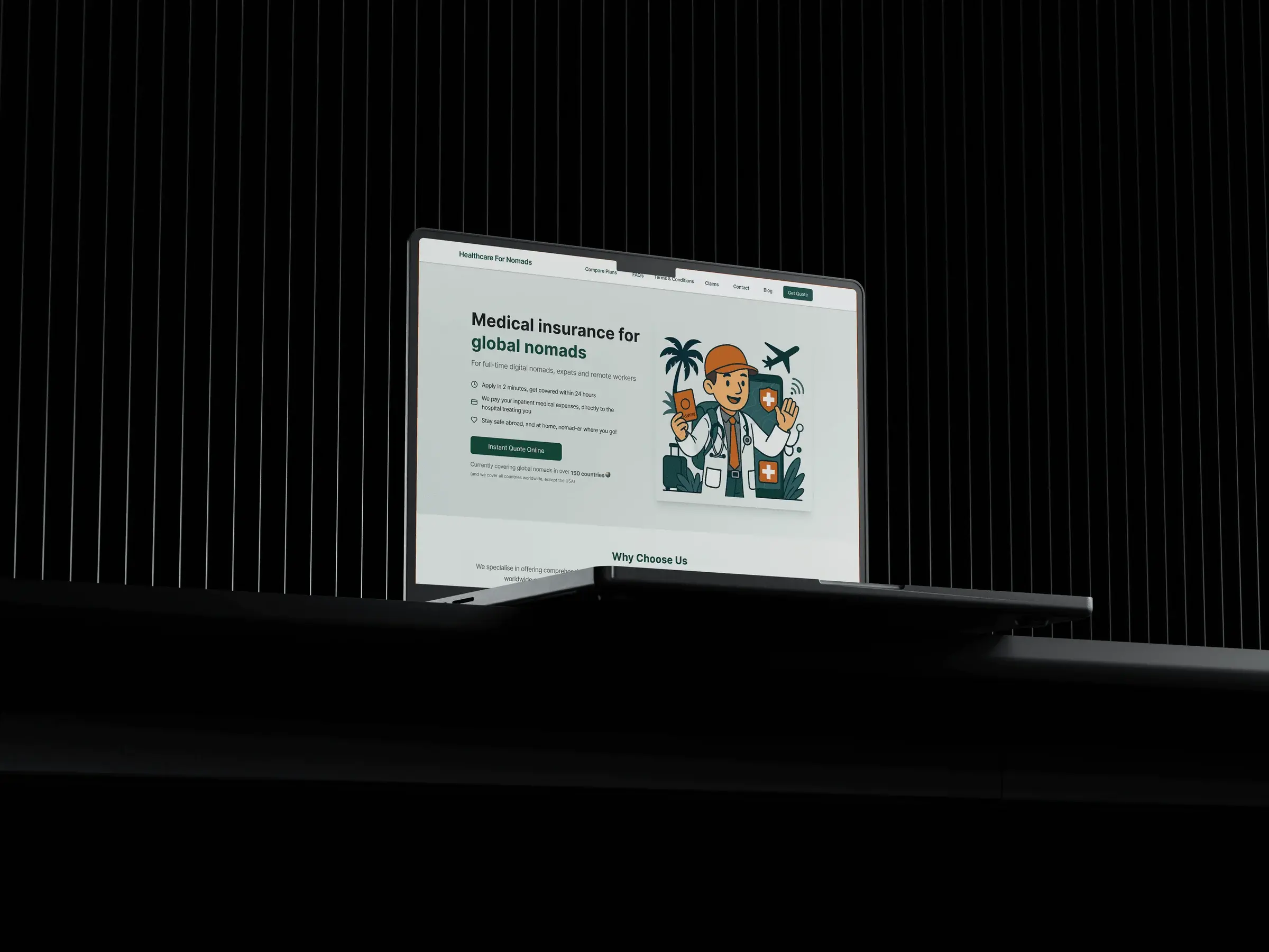 Healthcare For Nomads landing page on a laptop in a dark room
