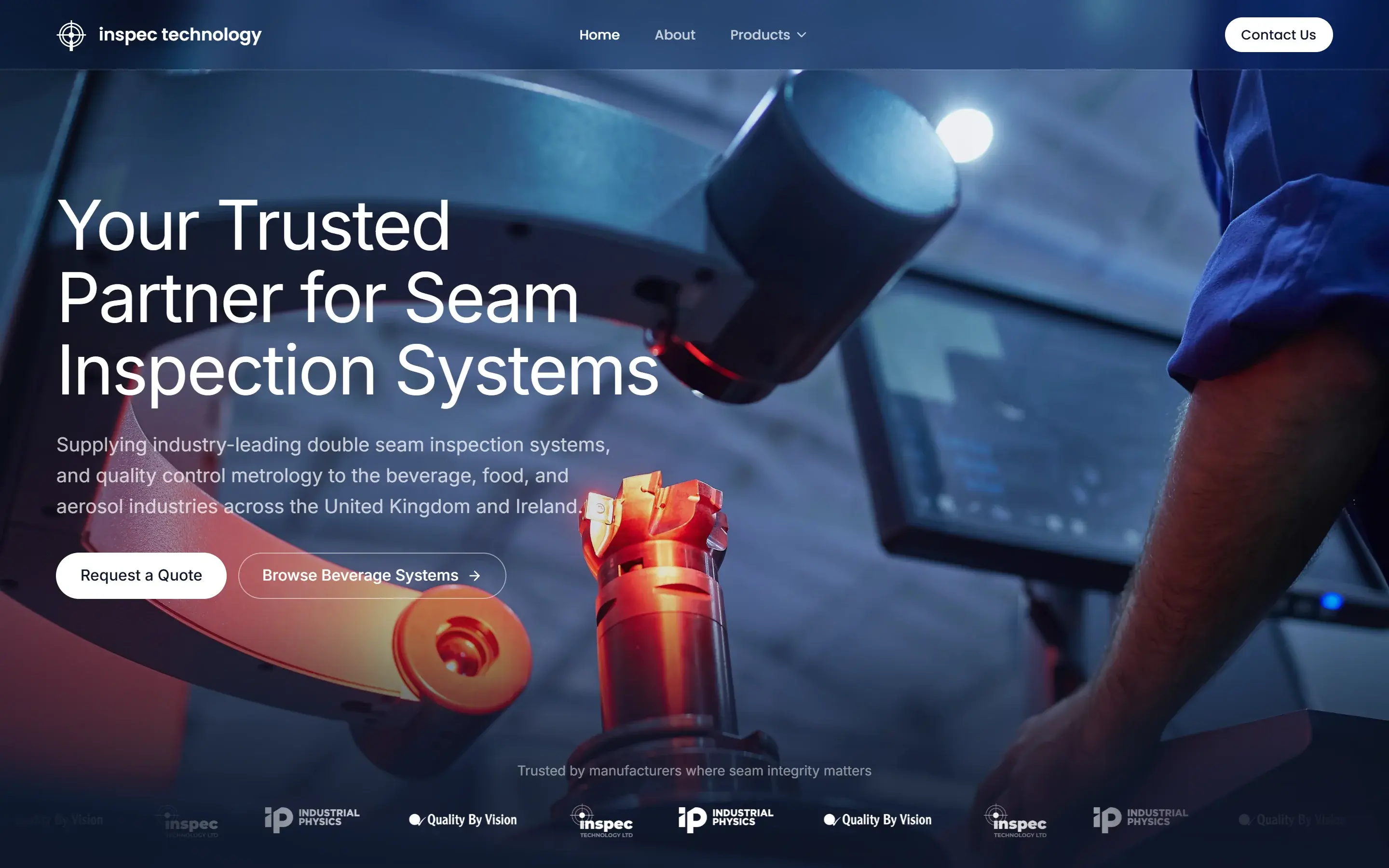 Inspec Technology homepage hero with a seam inspection machine and the headline Your Trusted Partner for Seam Inspection Systems