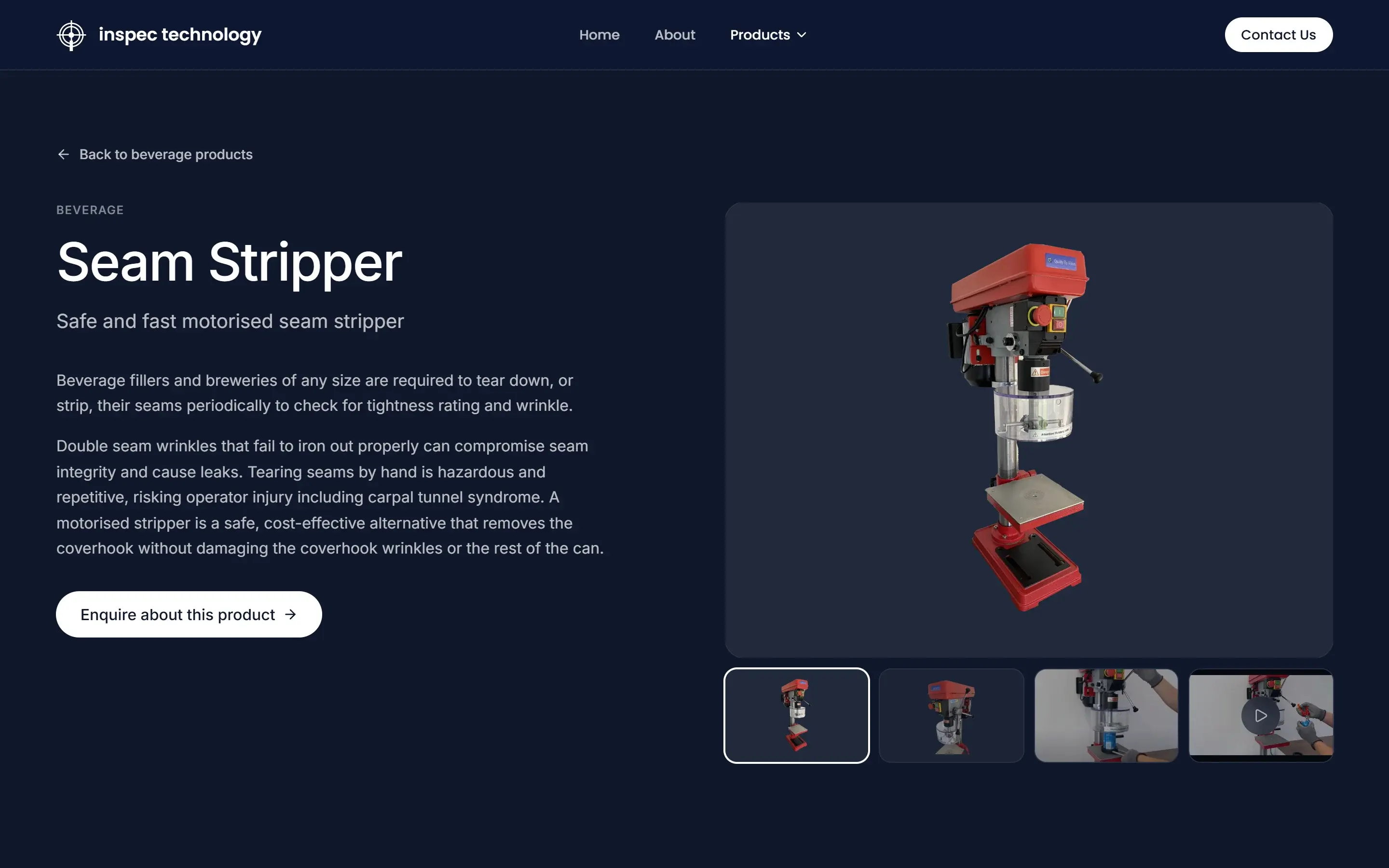 Inspec Technology Seam Stripper product page with a motorised seam stripper and image gallery